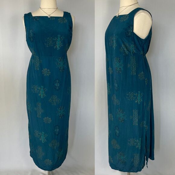 Boho Maxi Dress Plus Size 1X Blue Brocade Print Pure Silk Sleeveless Hippie Vtg - Picture 16 of 16